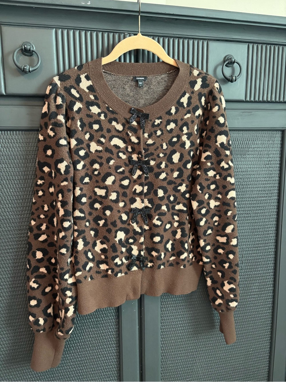 Express Brown Leopard Print Bow-Accent Cardigan